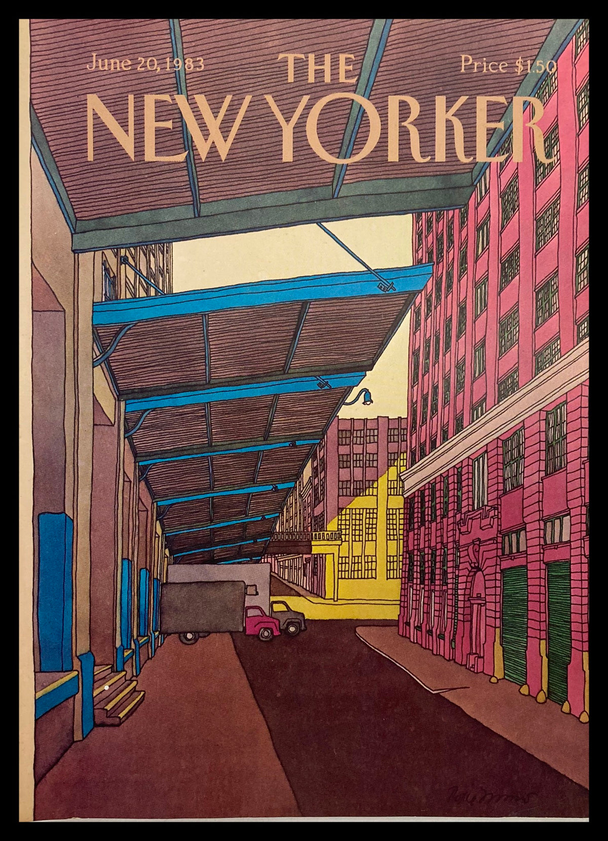 Cover Only of The New Yorker dated June 20, 1983, featuring the artwork "Unload" by Roxie Munro, depicting a vivid urban scene with colorful buildings and a truck.