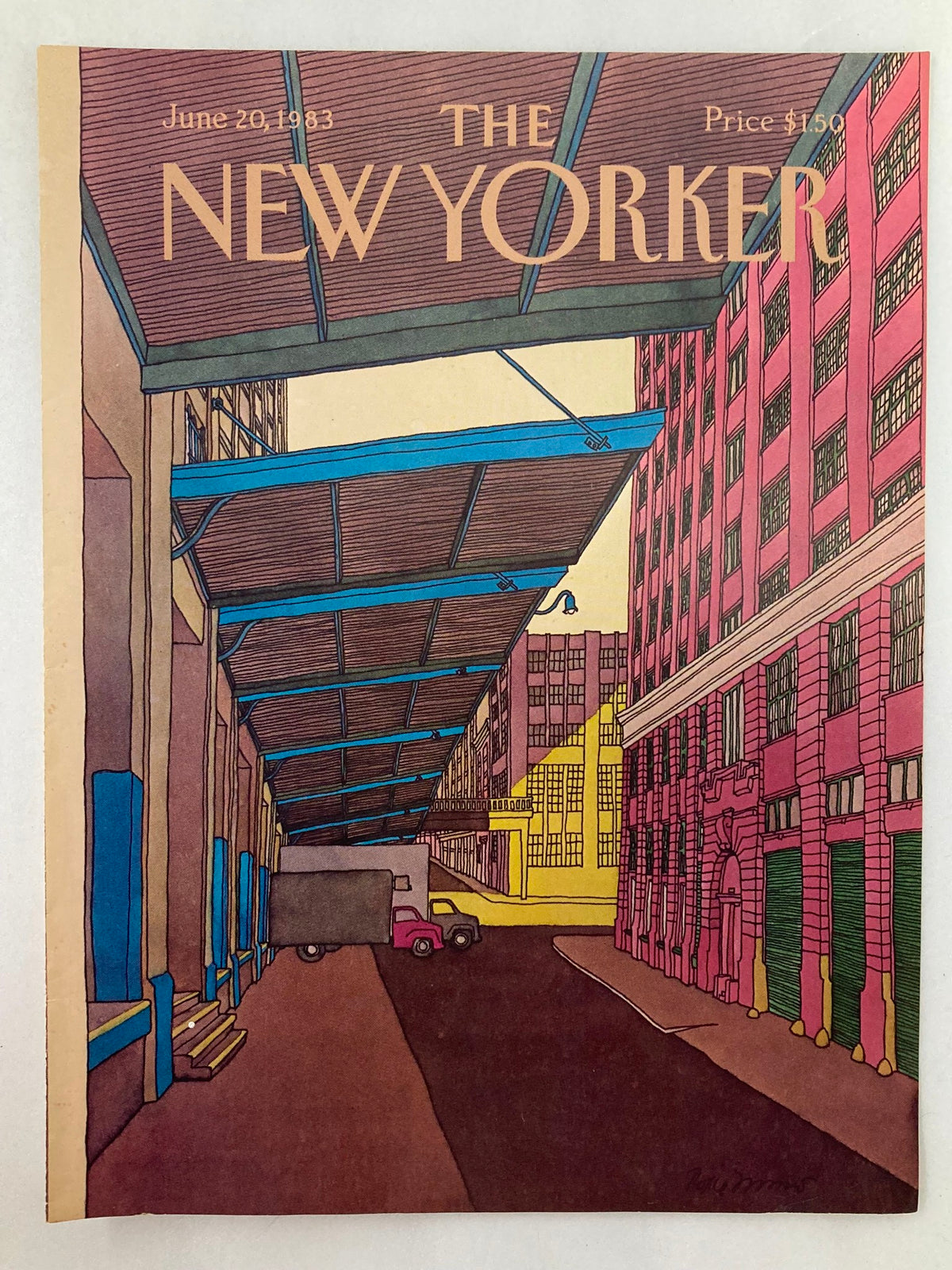 The New Yorker cover from June 20, 1983, titled 'Unload' by Roxie Munro, featuring a vibrant illustration of a warehouse with a pink building and trucks, emphasizing the vintage art style of 1980s New York.