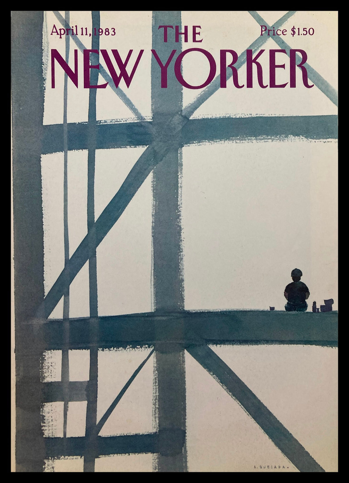 Cover only of The New Yorker April 11 1983 featuring an illustration by Abel Quezada, depicting a serene scene with a figure resting on a construction beam.