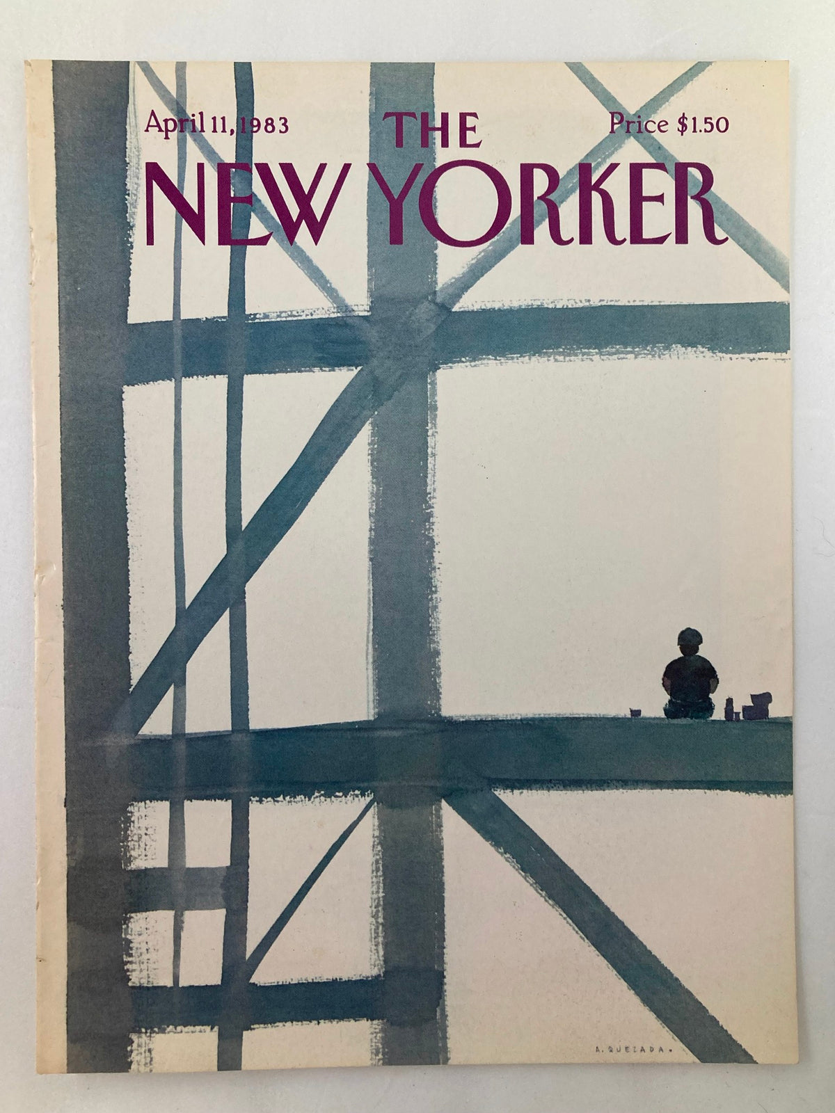 Cover only of The New Yorker April 11 1983 showcasing artwork by Abel Quezada, illustrating a silhouette of a person sitting peacefully on a scaffold.