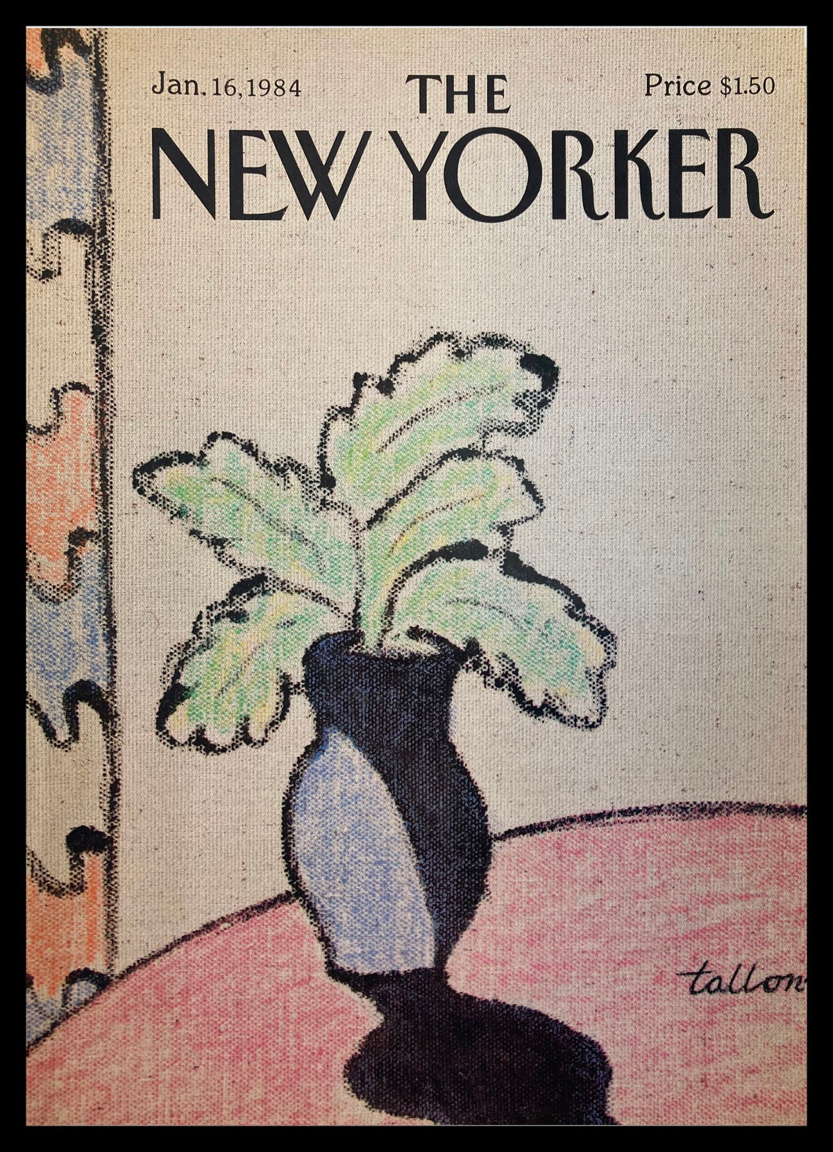 Cover image of The New Yorker magazine, January 16, 1984, featuring the artwork 'Shadow Vase' by Robert Tallon, showcasing a vase with a leafy plant on a table.