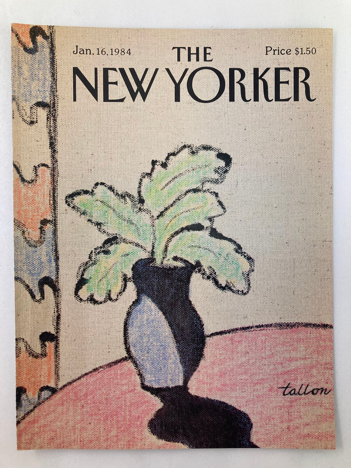 Cover of The New Yorker magazine from January 16, 1984, displaying the 'Shadow Vase' artwork by Robert Tallon, highlighting a stylized vase and plant arrangement.