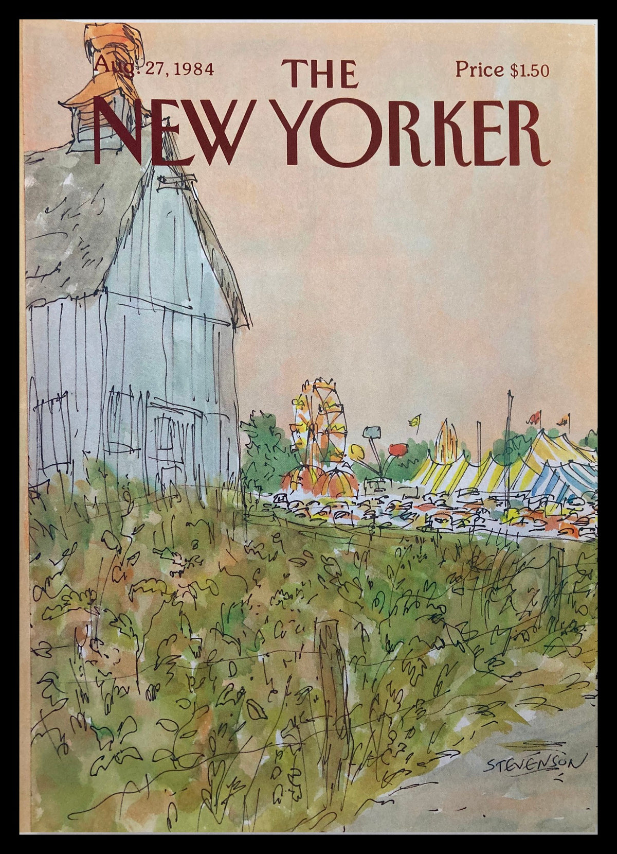 COVER ONLY The New Yorker August 27 1984 Carnival by James Stevenson, featuring a whimsical carnival illustration with a ferris wheel and colorful tents set against a serene countryside background.