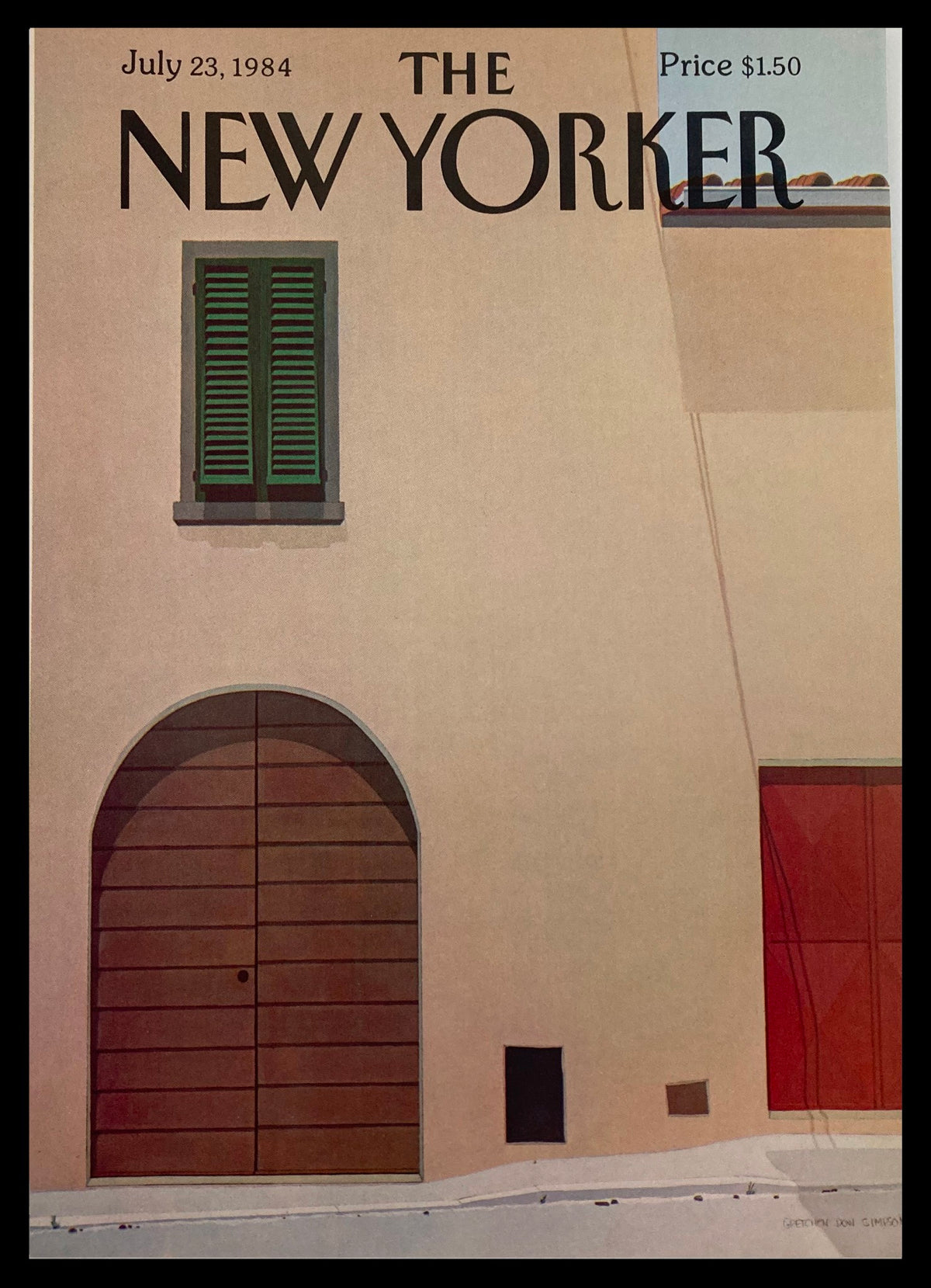 Cover only of The New Yorker dated July 23, 1984, featuring the artwork titled 'Brown Door' by Gretchen Simpson. The illustration showcases an arched brown door set against a minimalist backdrop, complemented by a green-shuttered window and a hint of architectural features, embodying The New Yorker's classic artistic style.