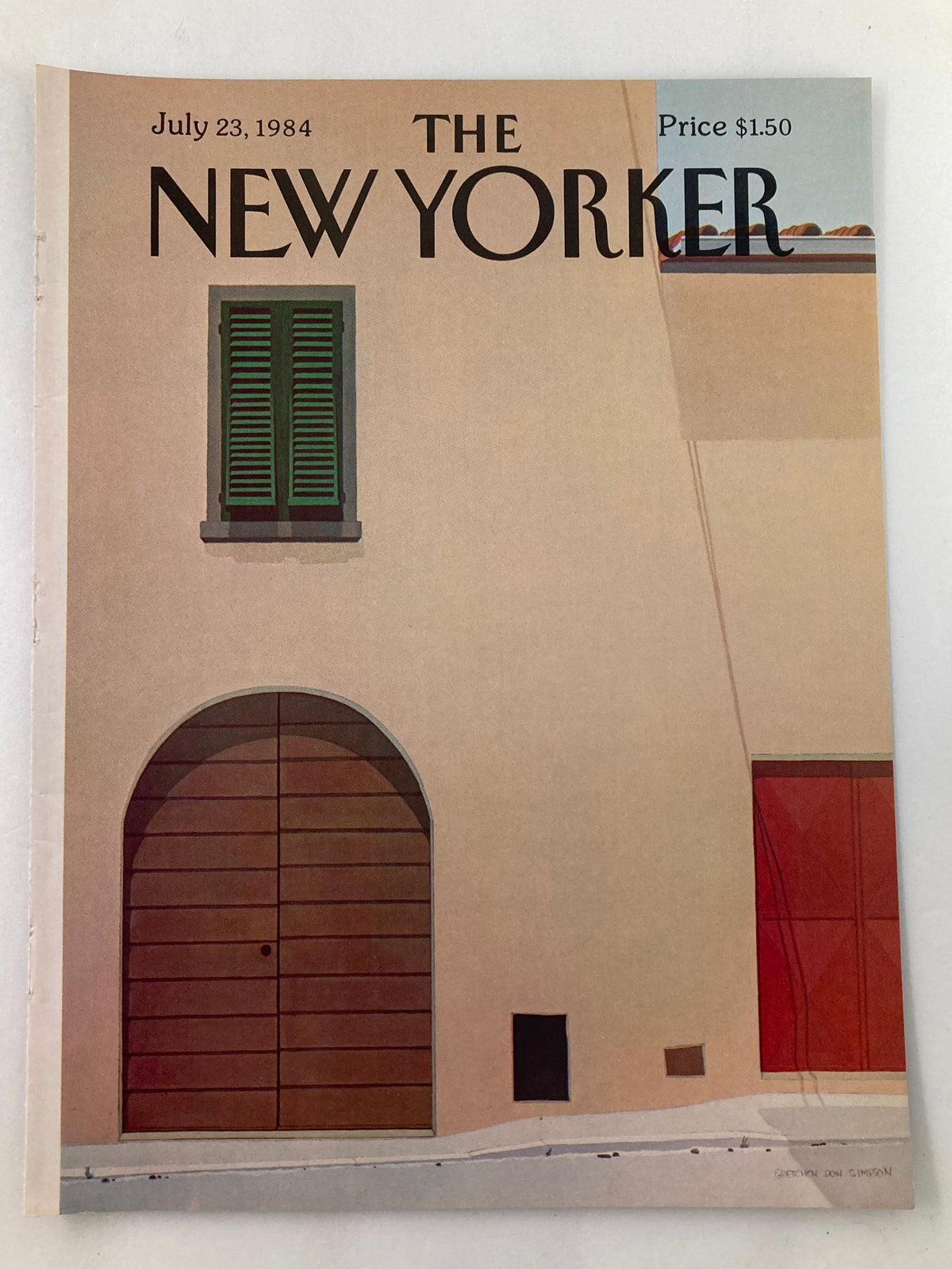 COVER ONLY The New Yorker July 23 1984 featuring a brown door illustration by Gretchen Simpson, showcasing a minimalist architectural design with colorful windows and a simple aesthetic.