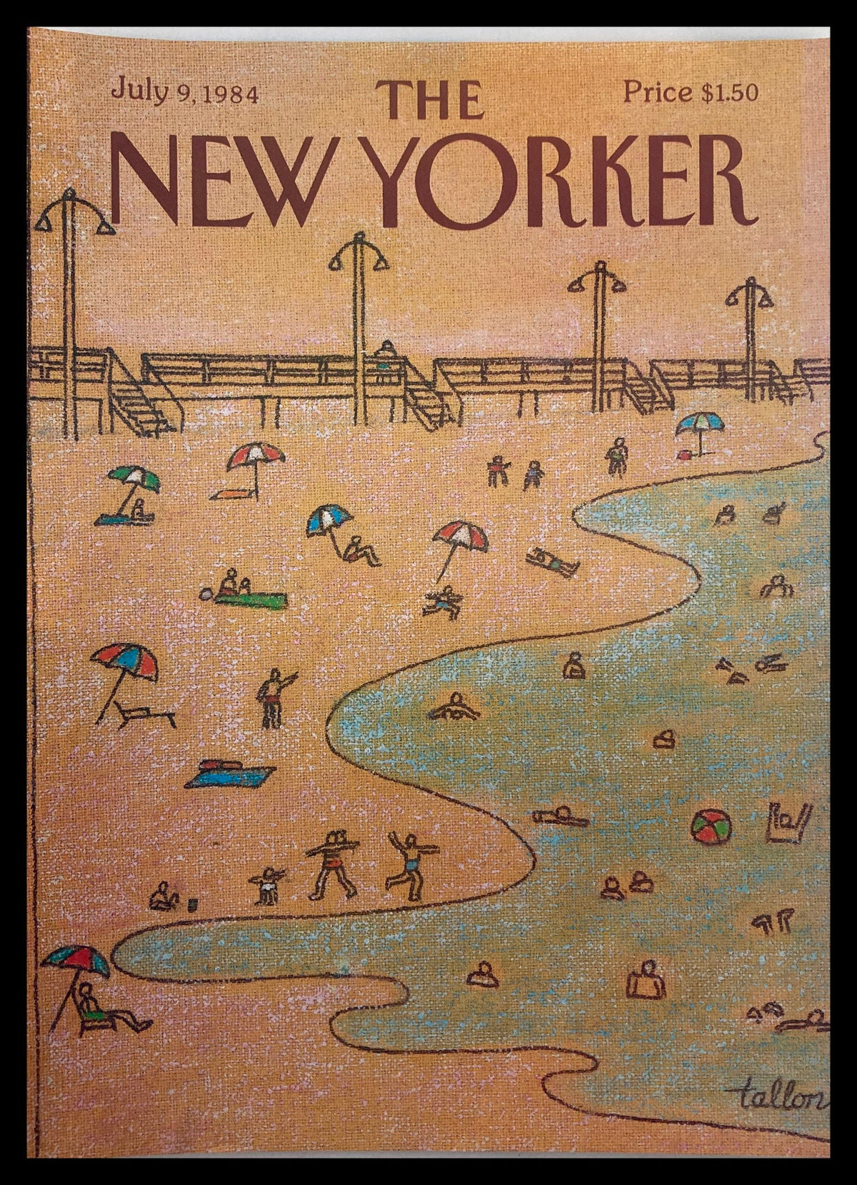 The New Yorker July 9 1984 Beach Front Cover by Robert Tallon depicting a vibrant beach scene with people enjoying the sun, umbrellas, and waves.