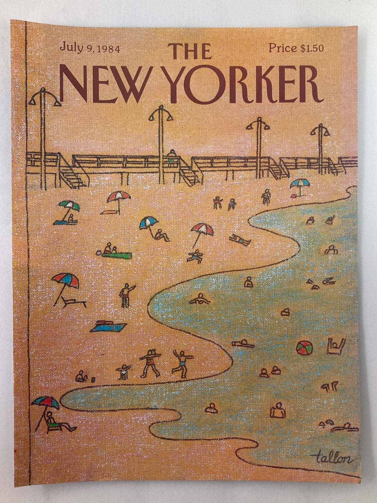 Cover of The New Yorker dated July 9, 1984, featuring a vibrant beach front scene illustrated by Robert Tallon, depicting people enjoying summer activities such as swimming and sunbathing.