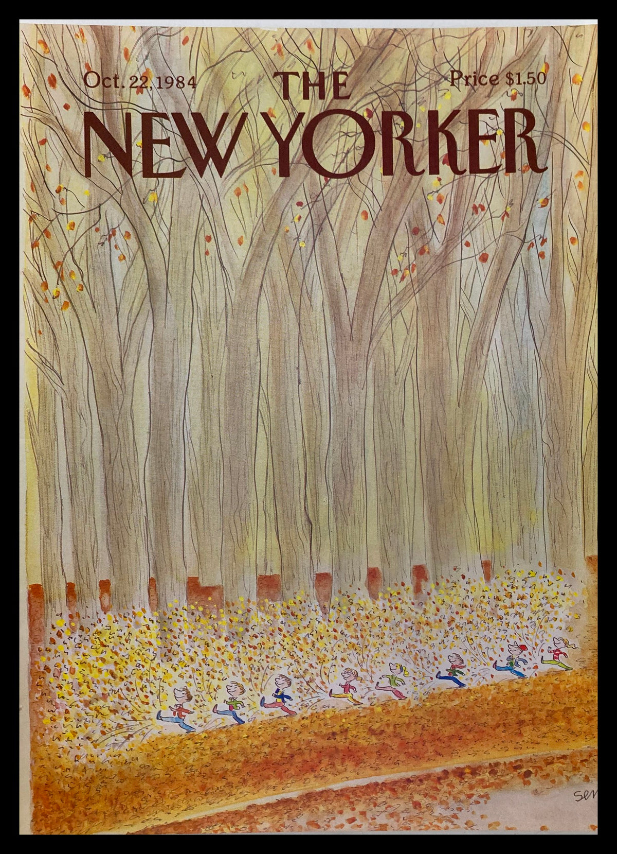 COVER ONLY The New Yorker October 22 1984 featuring artwork "Marching" by J.J. Sempé, showcasing children running through a colorful autumn forest with trees and fallen leaves.