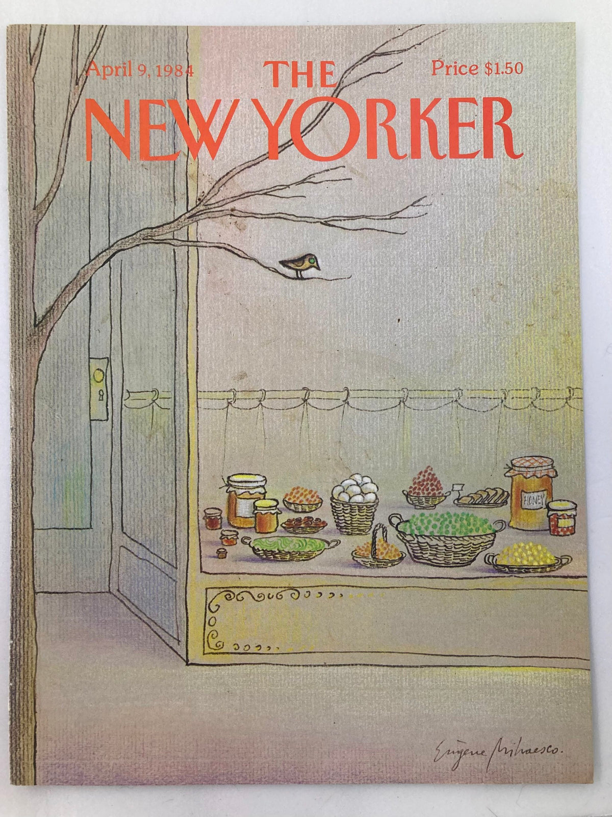 Cover of The New Yorker dated April 9, 1984, featuring the 'Honey Dip' artwork by Eugene Mihaesco, showcasing vintage illustration elements and a charming display of various food items.