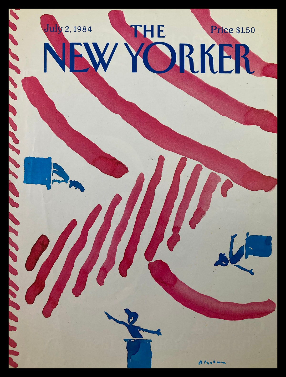 Cover of The New Yorker dated July 2, 1984, titled 'Insanity Defense' by R.O. Blechman, featuring whimsical illustrations in pink and blue tones.