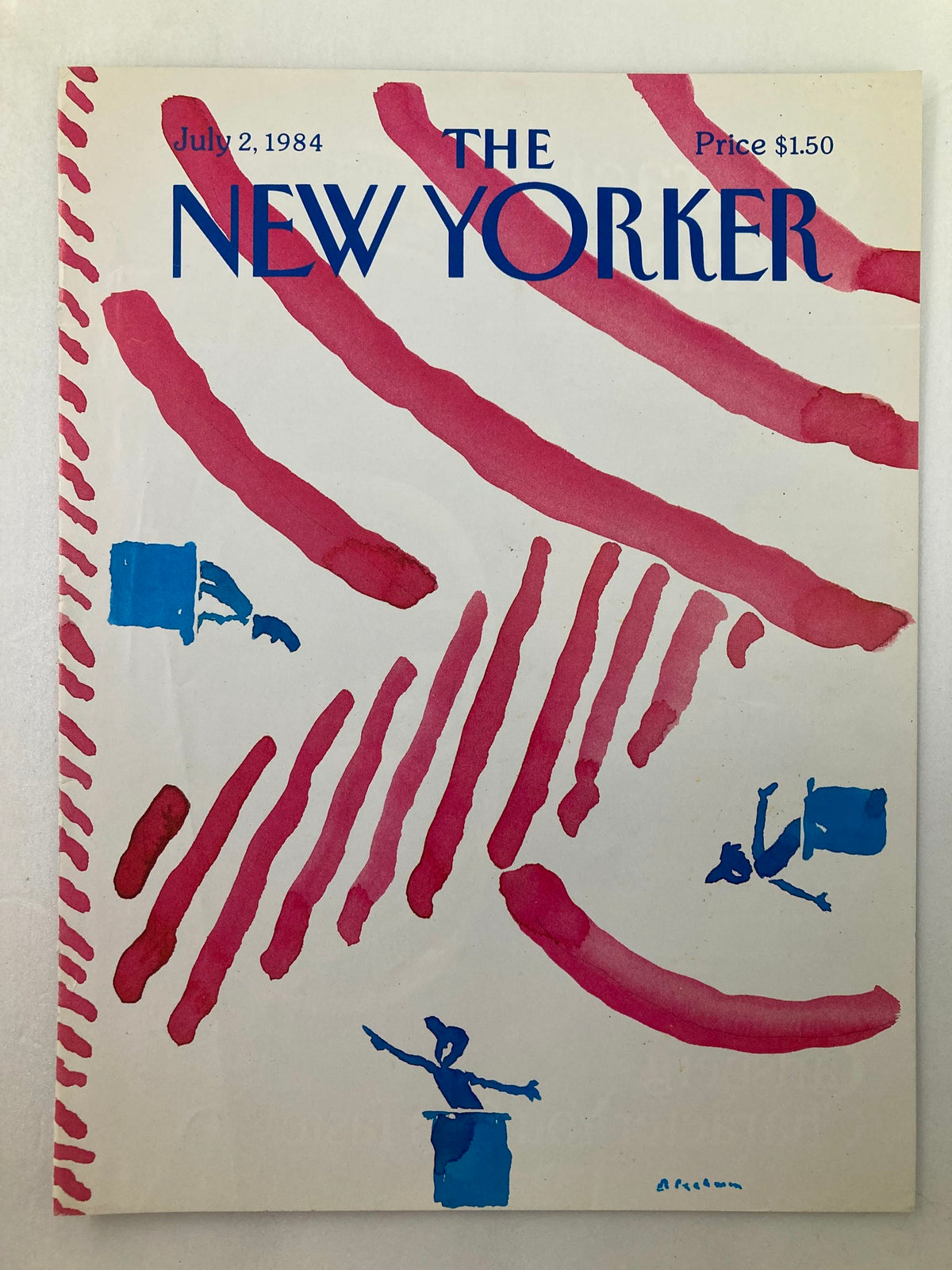 Cover of The New Yorker from July 2, 1984, showcasing the 'Insanity Defense' artwork by R.O. Blechman with striking abstract designs in pink and blue.