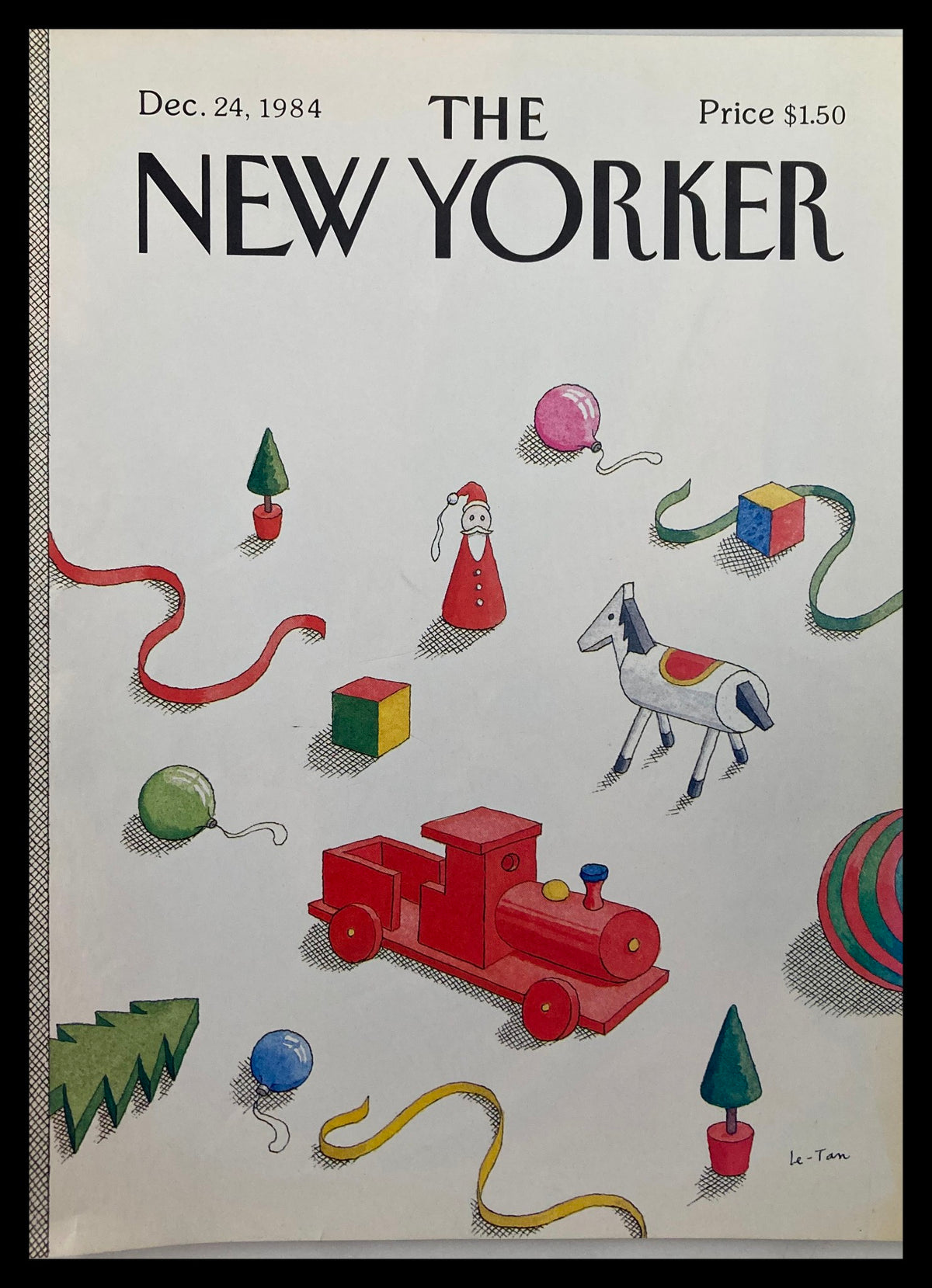 Cover of The New Yorker dated December 24, 1984, featuring vibrant illustrations of toys by Pierre LeTan, including a red toy train, a Santa figure, and geometric shapes.