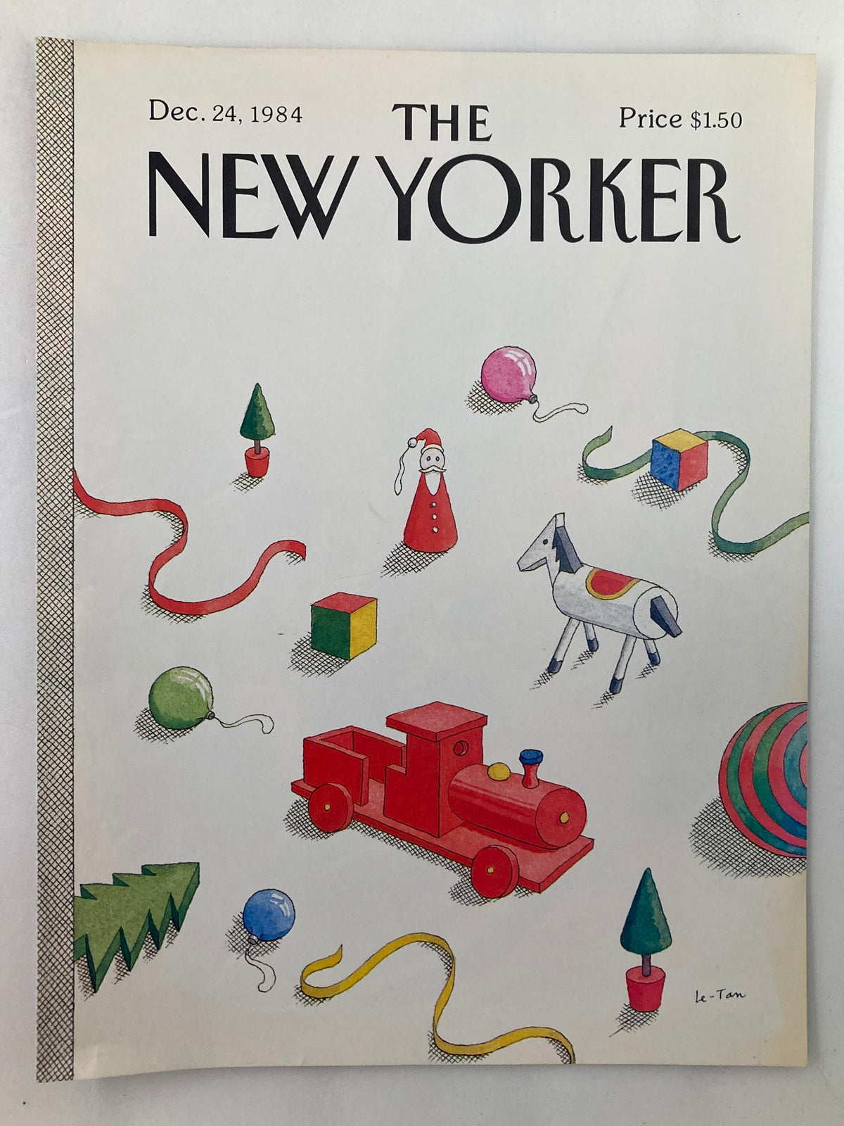 The New Yorker cover from December 24, 1984, showing whimsical toy illustrations by Pierre LeTan, featuring a red train, a horse toy, and colorful decorations.