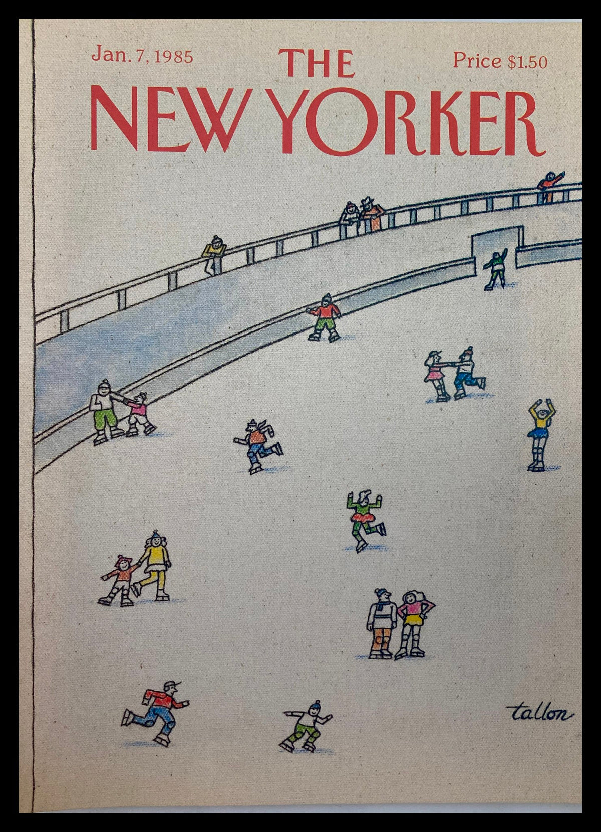Cover design of The New Yorker January 7, 1985, featuring an ice skating scene illustrated by Robert Tallon, showcasing vibrant colors and dynamic figures on ice.