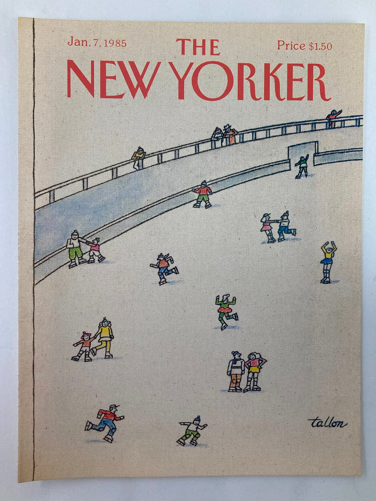 Close-up view of The New Yorker cover dated January 7, 1985, depicting an ice skating rink with multiple skaters, artfully designed by Robert Tallon.