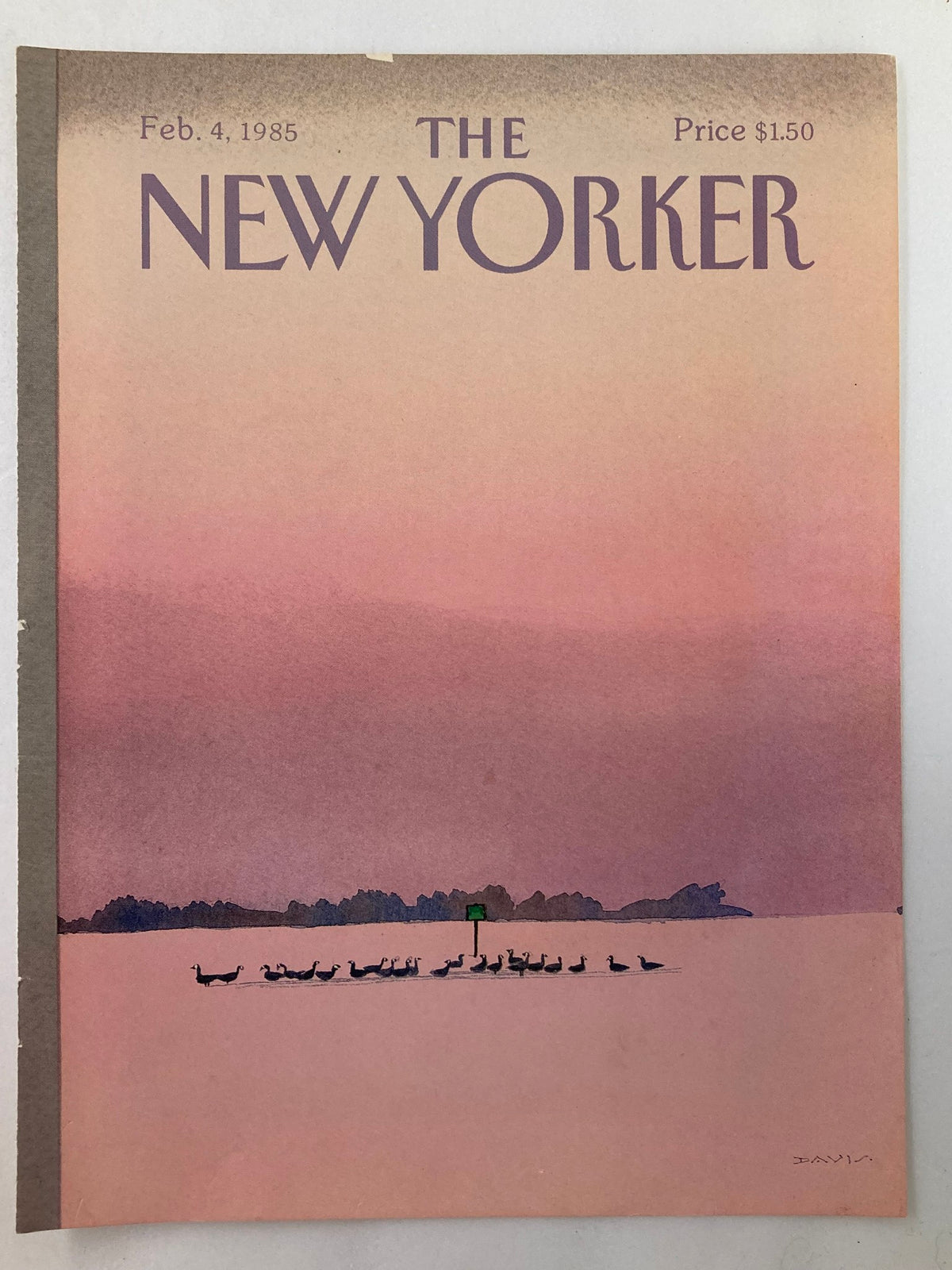Close-up view of The New Yorker cover dated February 4, 1985, showcasing the artwork 'Duck Calling' by Susan Davis with a soft gradient background and ducks.