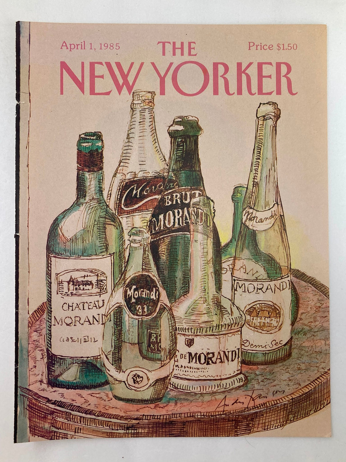 The New Yorker April 1, 1985 cover featuring the illustration 'Empty Bottles' by Andre Francois, showcasing a collection of various glass bottles on a decorative tray with a soft color palette.