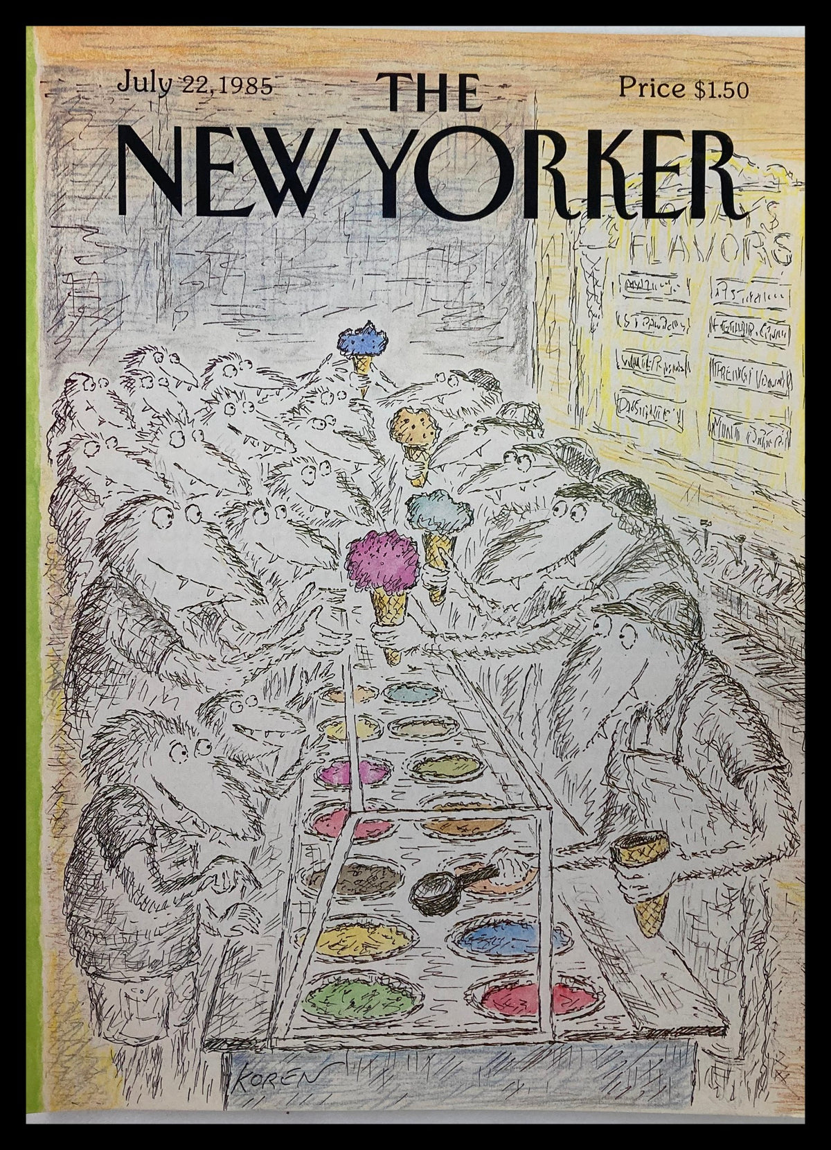 Cover of The New Yorker dated July 22, 1985, featuring an illustration by Edward Koren depicting a whimsical ice cream scene with characters enjoying flavors, perfect for collectors and art enthusiasts.
