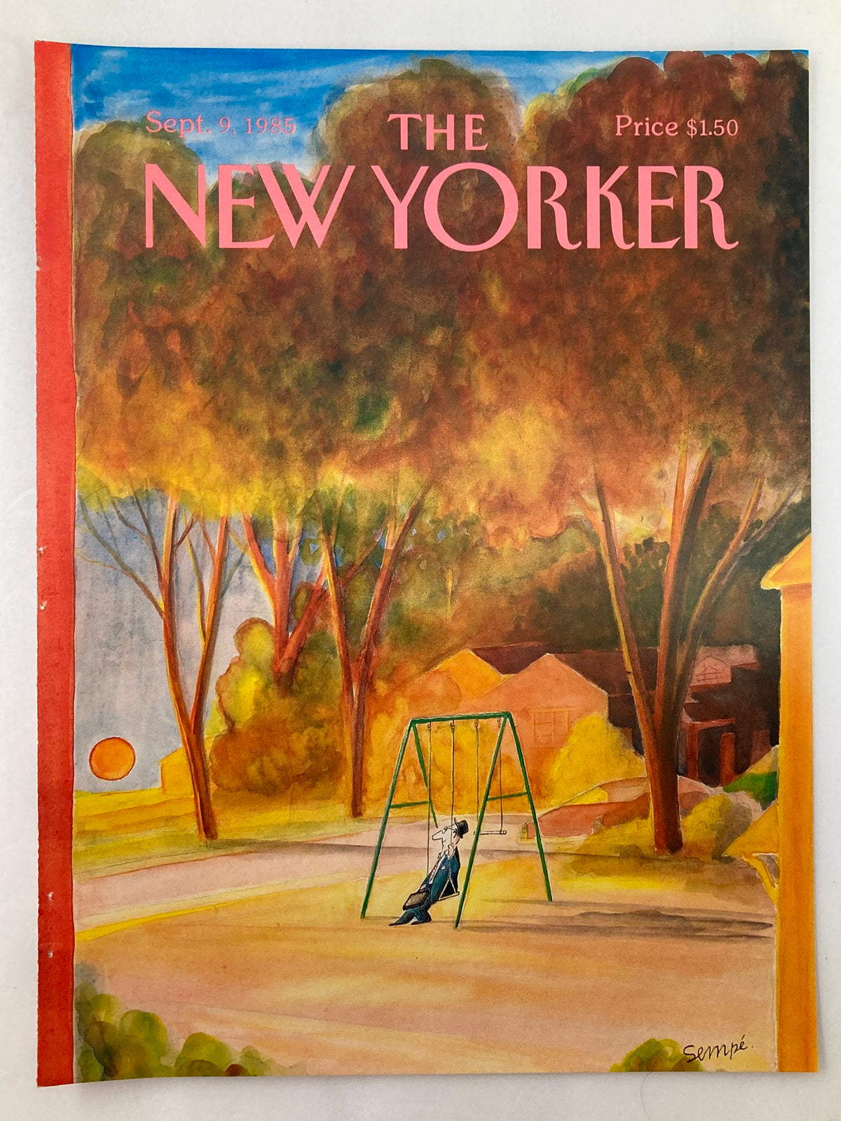 The New Yorker September 9 1985 Sunset View cover by J. J. Sempe, showcasing a tranquil evening atmosphere with a solitary figure on a swing against a vibrant sunset.