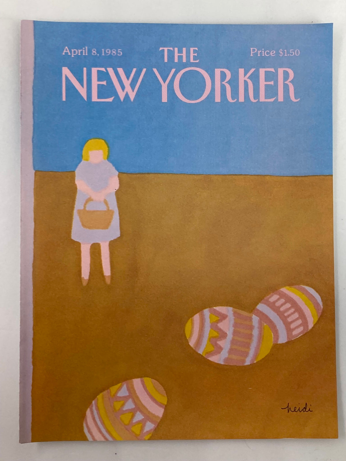 Cover of The New Yorker April 8, 1985 featuring Easter Eggs by Heidi Goennel, showcasing a whimsical design with pastel colors and a child holding a basket near decorative Easter eggs.