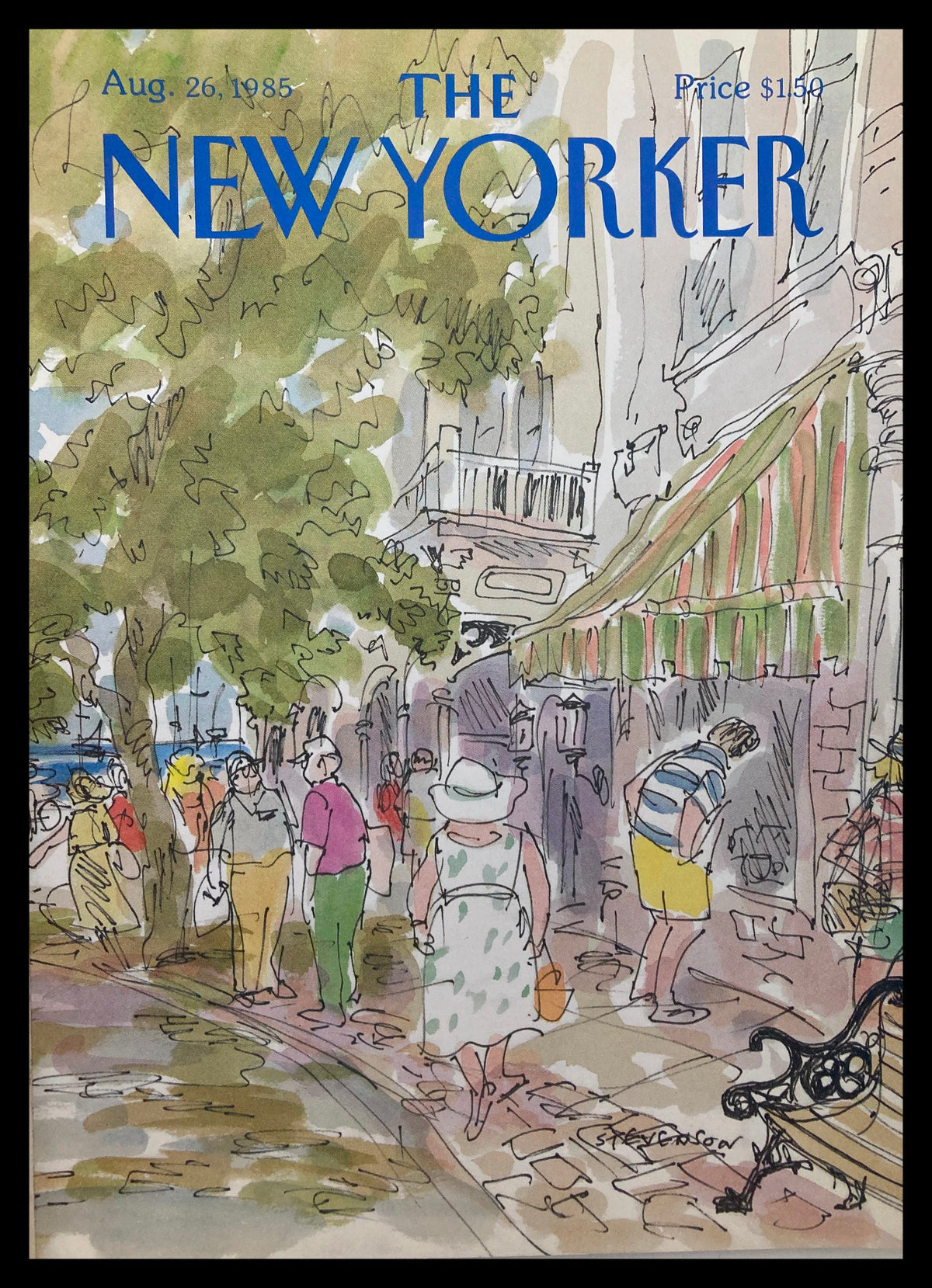 COVER ONLY The New Yorker August 26 1985 Flea Market by James Stevenson, featuring an illustrated flea market scene with people strolling and a vibrant street background.