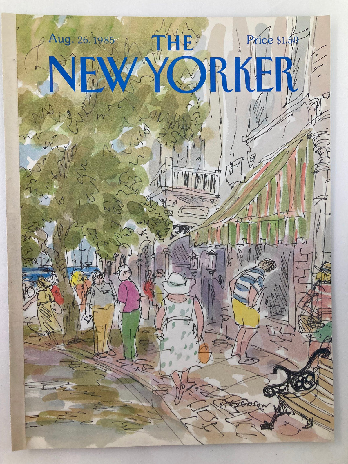 COVER ONLY The New Yorker August 26 1985 Flea Market by James Stevenson, showcasing a colorful depiction of a flea market with figures walking and lively storefronts.