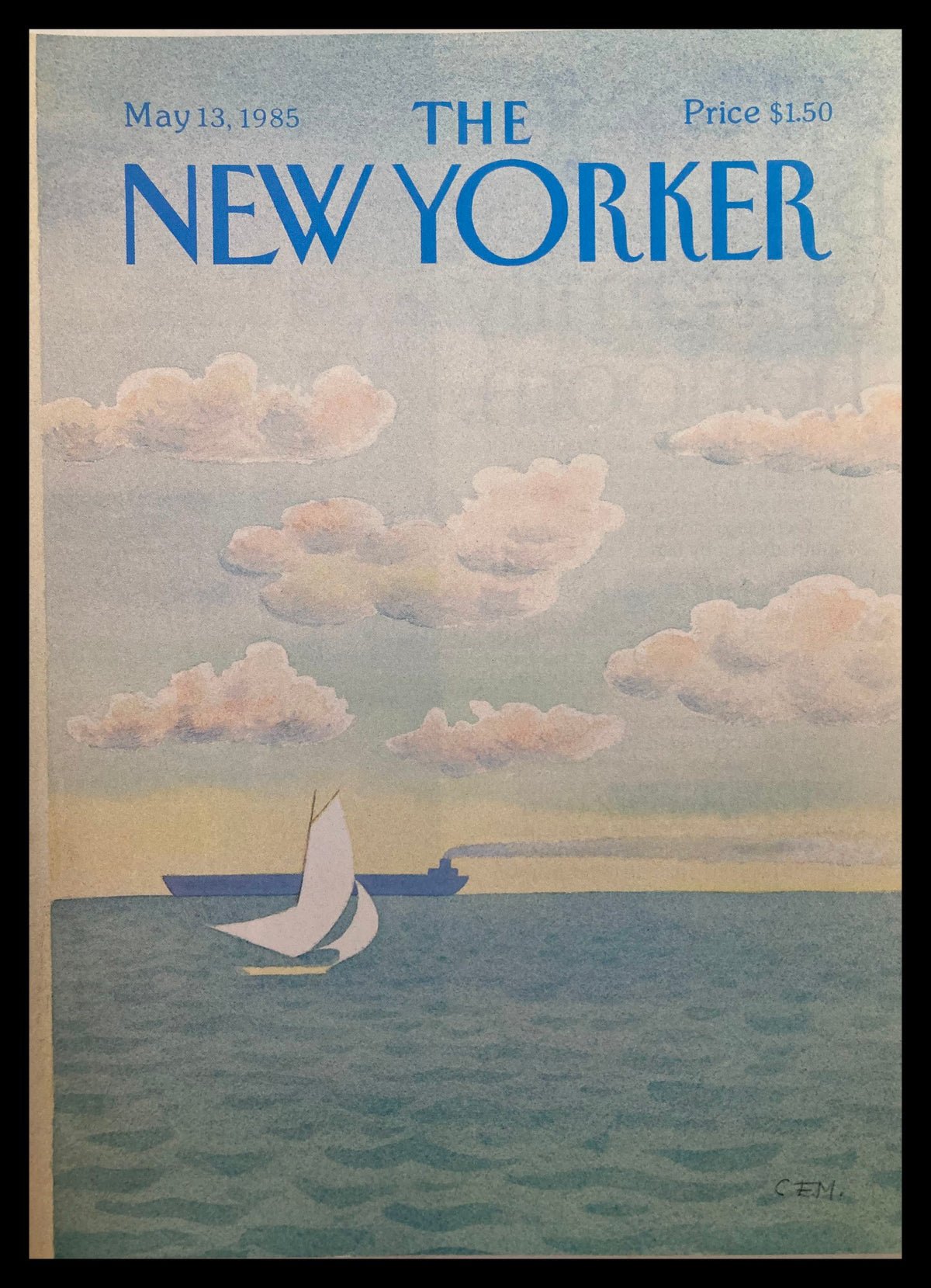 The New Yorker cover from May 13, 1985 featuring the artwork 'Sail Away' by Charles E. Martin, showcasing a sailboat on the ocean with clouds above.