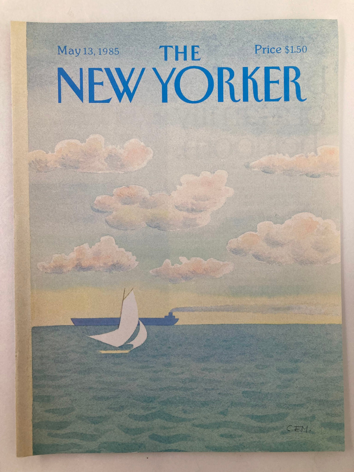 The New Yorker cover dated May 13, 1985, illustrating the 'Sail Away' theme by Charles E. Martin, depicting a sailboat and distant ship against a serene sky.
