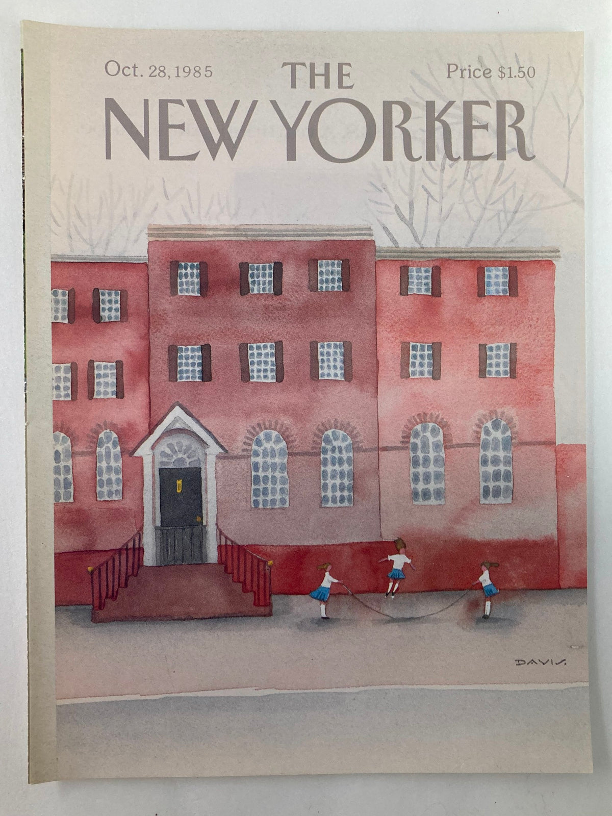 COVER ONLY The New Yorker October 28 1985, featuring the 'Skip Rope' illustration by Susan Davis, depicting a classic scene with children jumping rope in front of a red brick building.