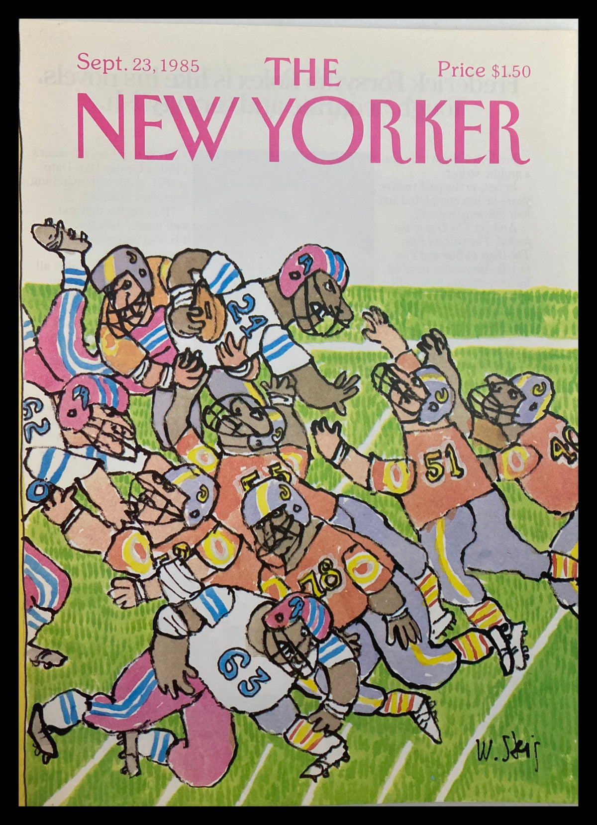 Cover of The New Yorker from September 23, 1985 by William Steig featuring an illustration of a football game with players in colorful uniforms.