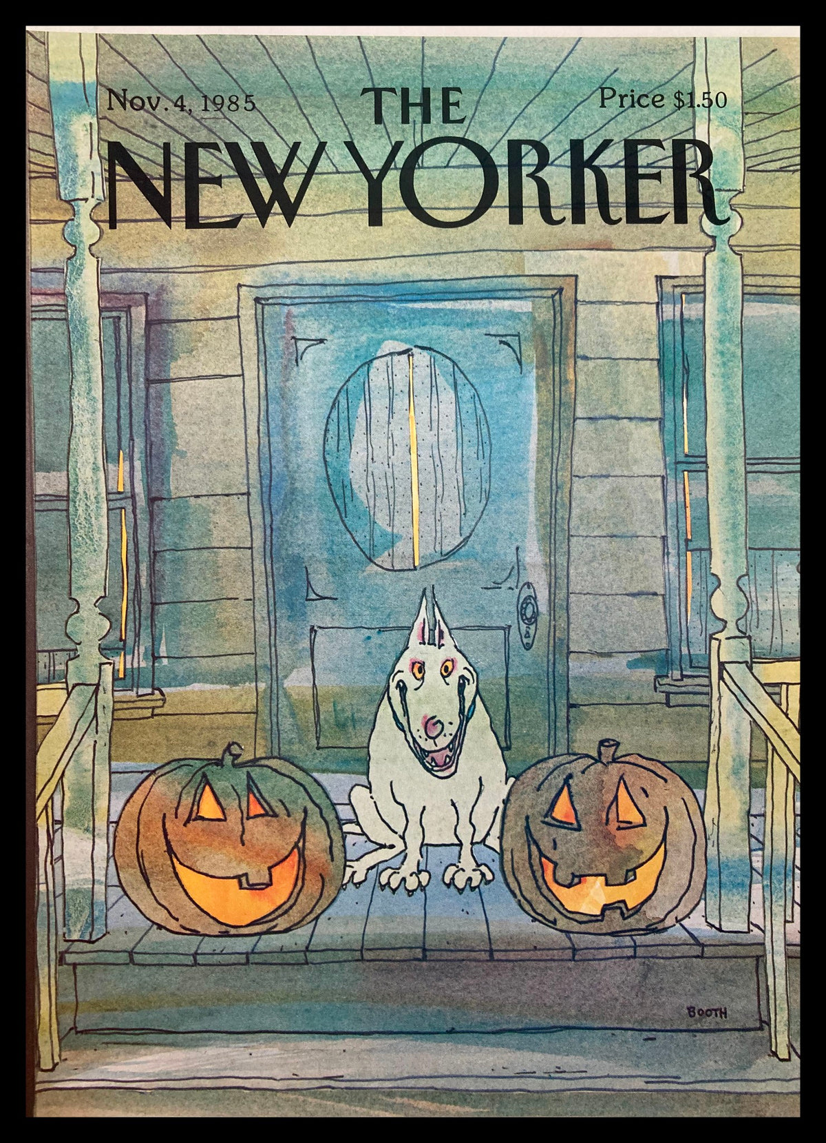 Cover of The New Yorker dated November 4, 1985, featuring a whimsical illustration of a smiling white dog sitting between two carved pumpkins on a porch, artwork by Charles Booth.