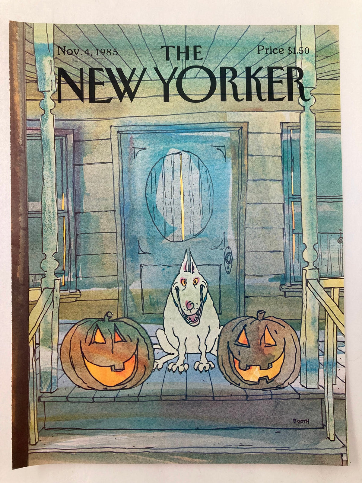 Cover image of The New Yorker from November 4, 1985, displaying a charming scene of a white dog and two grinning pumpkins on a front porch, illustrated by Charles Booth.
