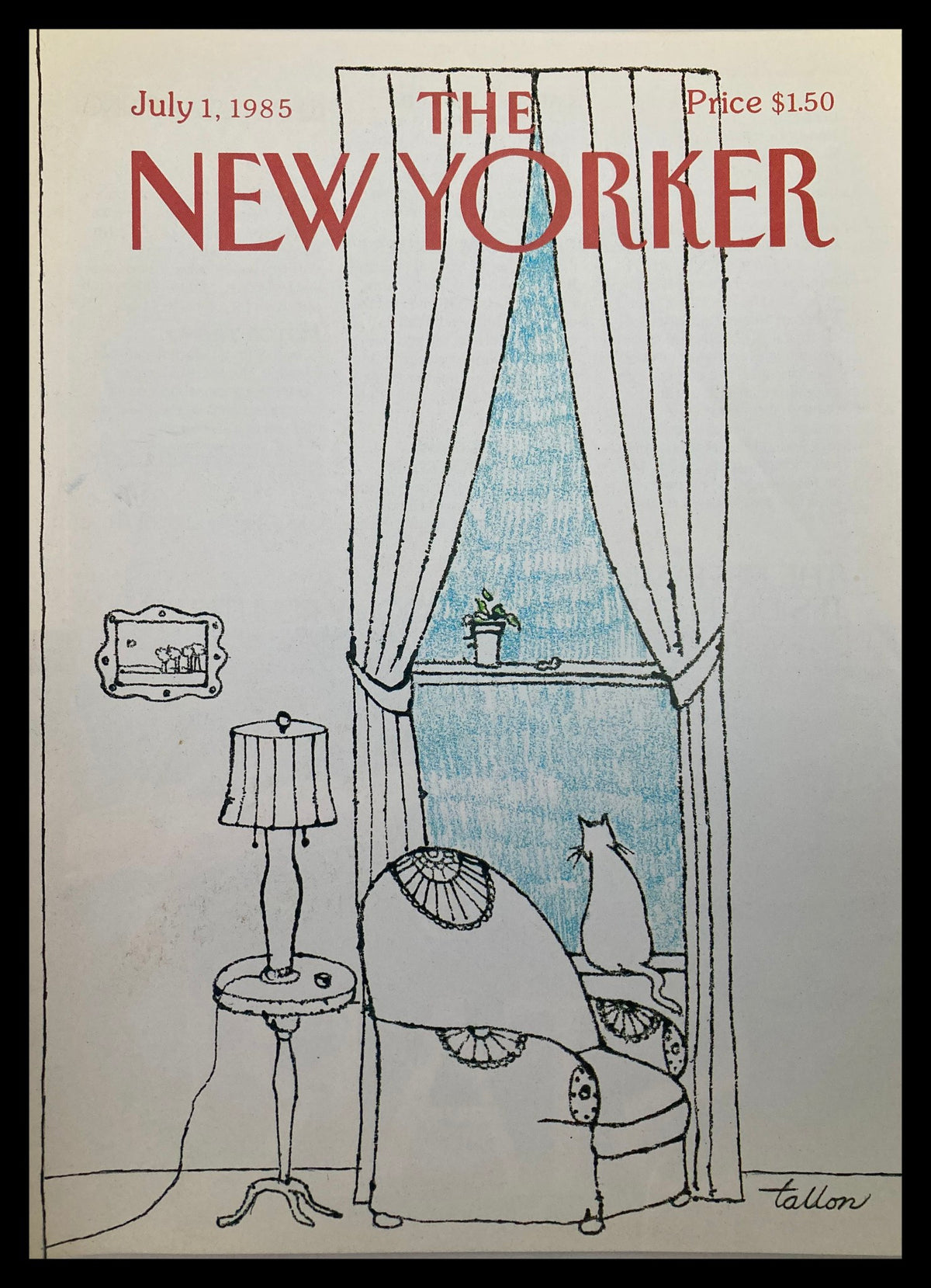 Cover of The New Yorker July 1, 1985 by Robert Tallon, featuring a minimalist illustration of a room with curtains, a lamp, a chair, and a cat looking out of the window.