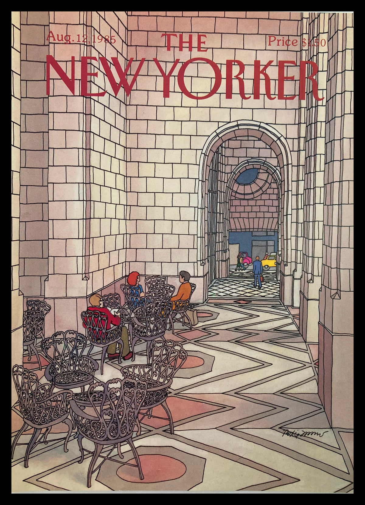 The New Yorker cover, August 12, 1985, featuring an illustration by Roxie Munro depicting a charming interior with decorative chairs and patterned flooring.