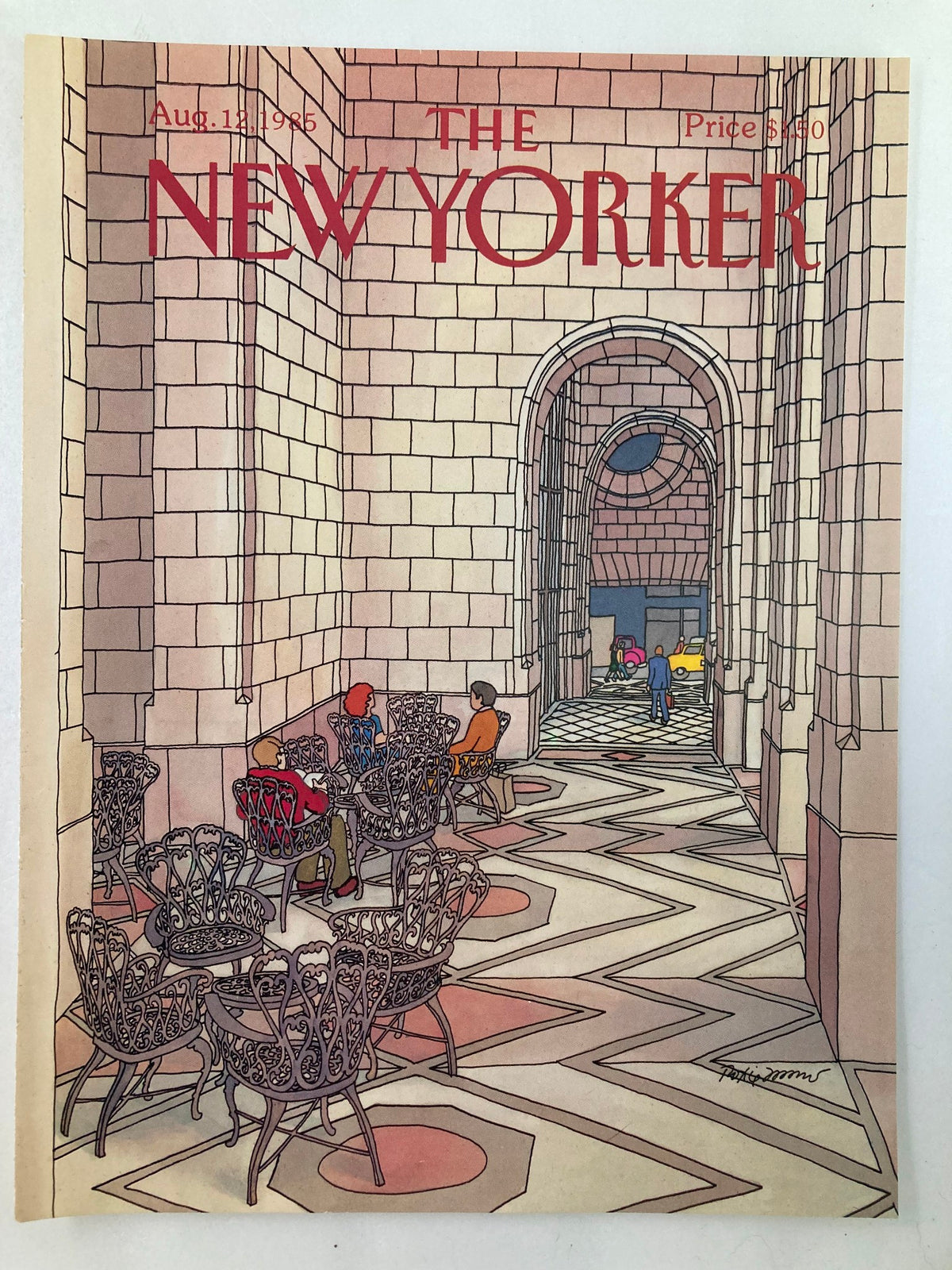 The New Yorker cover, August 12, 1985, showcasing an artistic scene by Roxie Munro, featuring a cozy setting with seated figures and intricate architectural details.