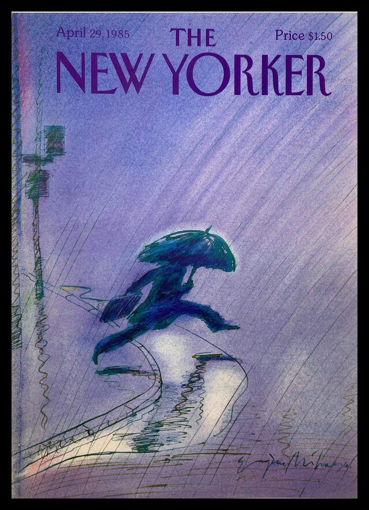 Cover of The New Yorker dated April 29, 1985, featuring a colorful illustration titled 'Heavy Rain' by Eugene Mihaesco, depicting a figure with an umbrella in a rainy setting.