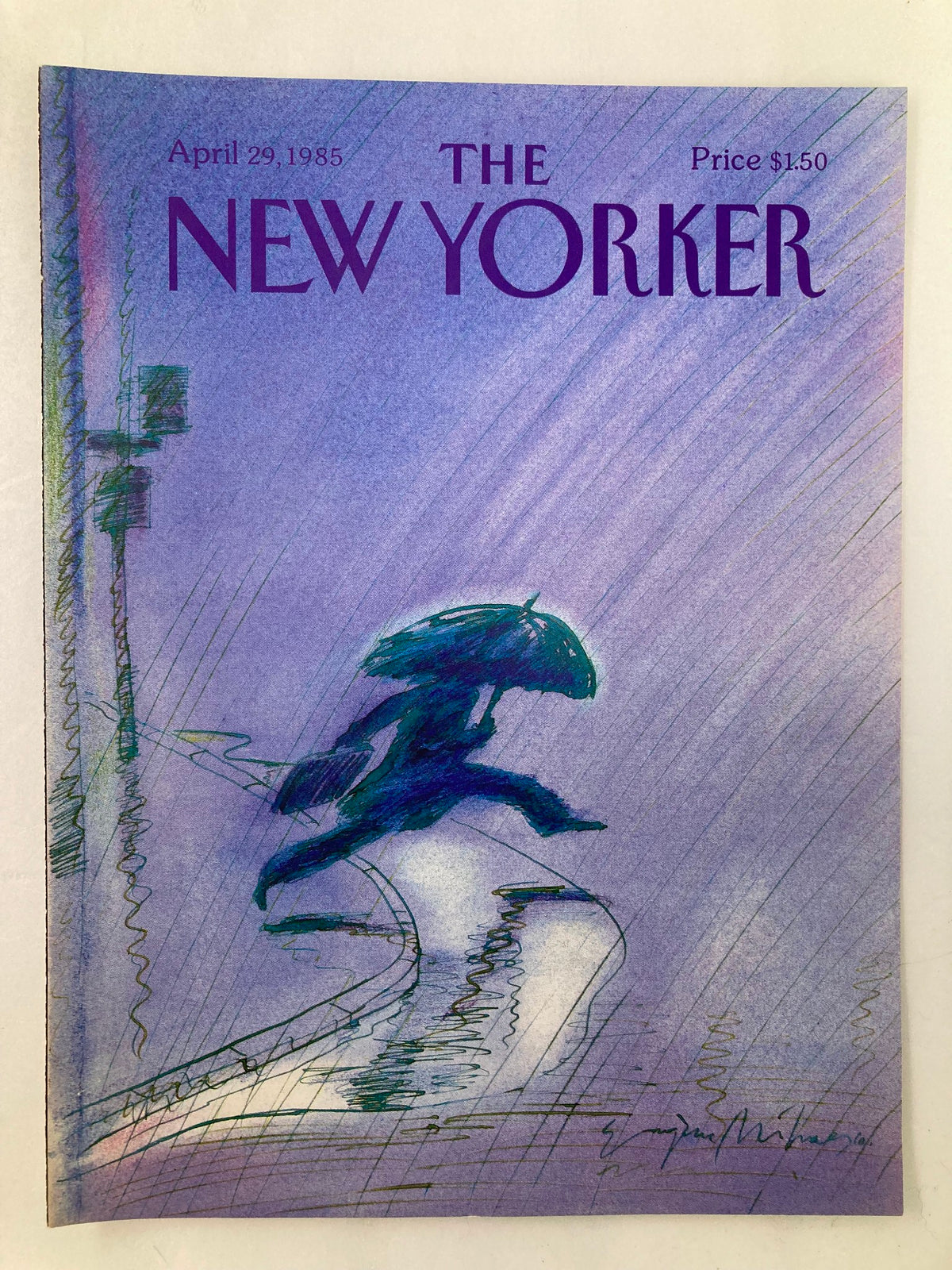 Cover of The New Yorker from April 29, 1985 showcasing the artwork 'Heavy Rain' by Eugene Mihaesco, illustrating a person running with an umbrella in the rain.