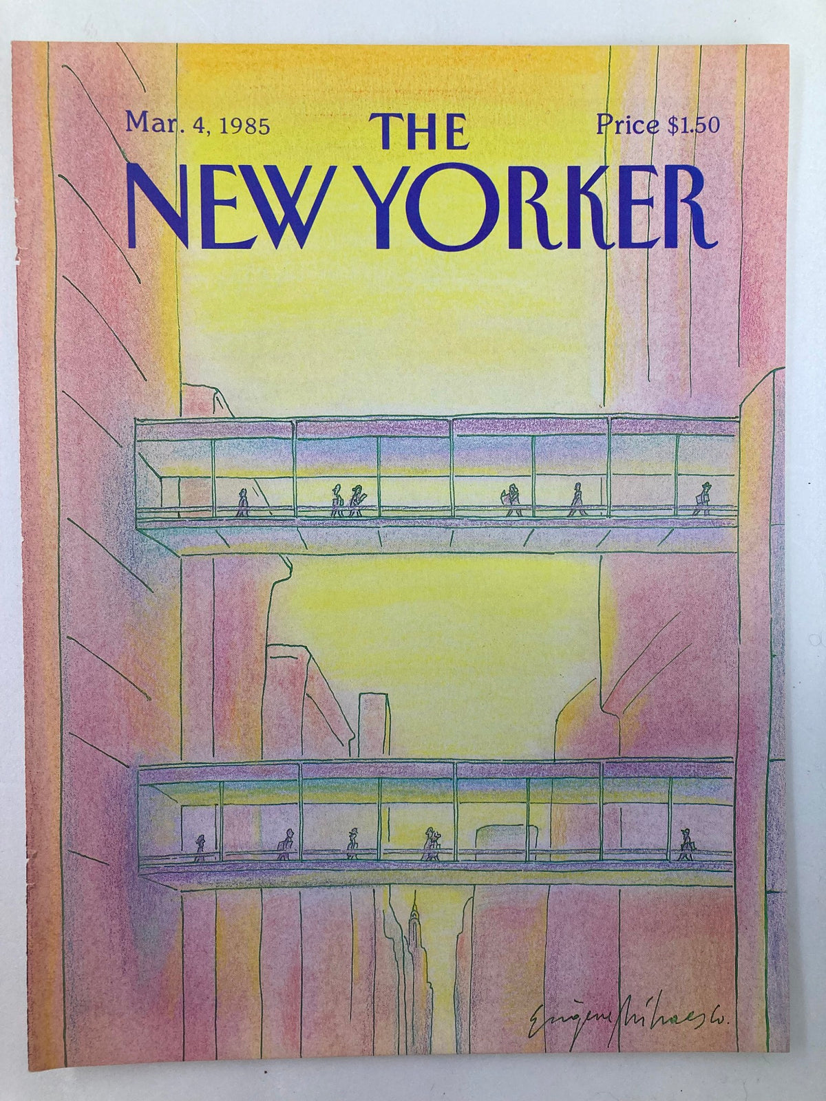 Cover of The New Yorker March 4 1985 displaying the 'Sky Bridge' illustration by Eugene Mihaesco, highlighting a colorful scene with people walking on suspended walkways in a cityscape.