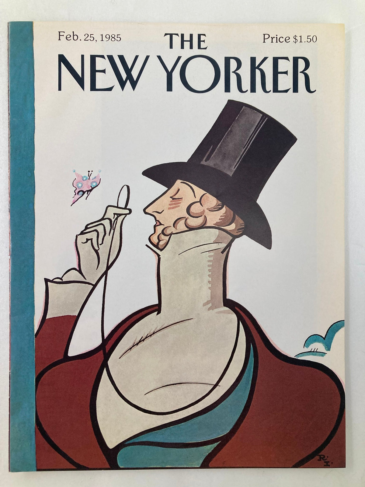 The New Yorker cover from February 25, 1985, showcasing Eustace Tilley, a prominent figure with a top hat, illustrated by Ira Levin, capturing the magazine's artistic essence.