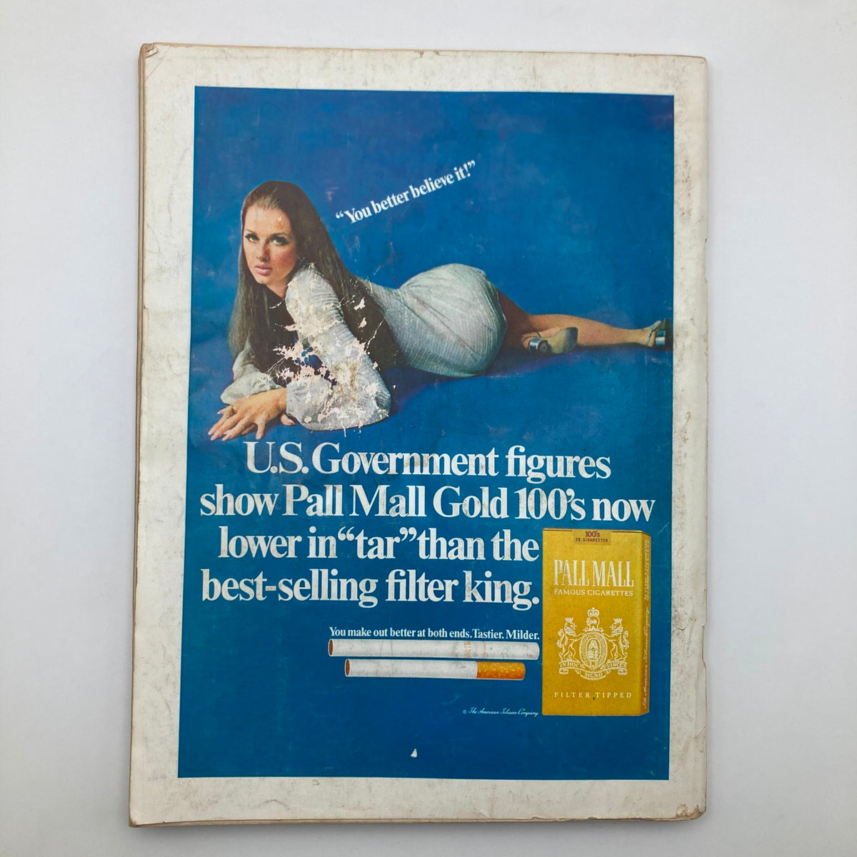 Back cover of VTG Playboy Magazine October 1969 displaying an advertisement for Pall Mall cigarettes with a glamorous model.