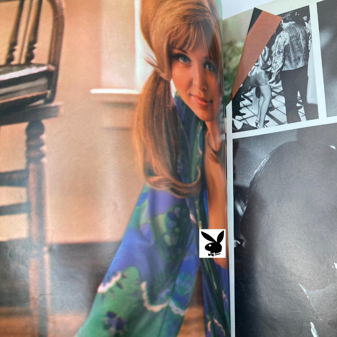 Interior page from the Vintage Playboy magazine, September 1969, featuring a beautiful photo of Shay Knuth draped in a colorful scarf, exemplifying 1960s glamour.