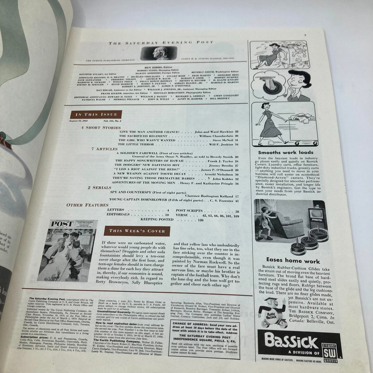 Inside page of the Saturday Evening Post Magazine from August 22, 1953 showing the table of contents and articles featured in this issue.