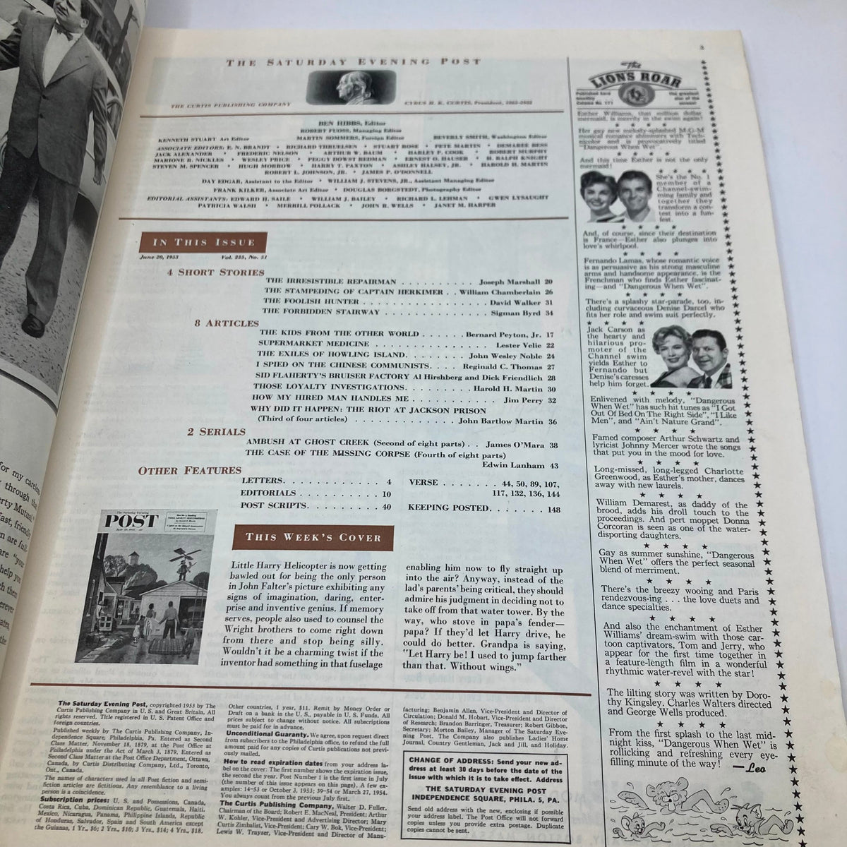 Interior page of the Saturday Evening Post Magazine June 20 1953, showcasing the table of contents and highlights of the issue.