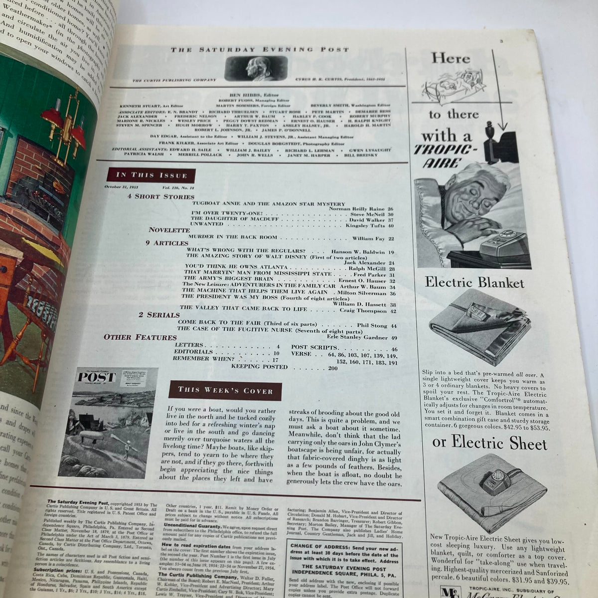 Interior page from the Saturday Evening Post Magazine, October 31, 1953, showcasing contents and articles of the issue, reflective of mid-century American culture.