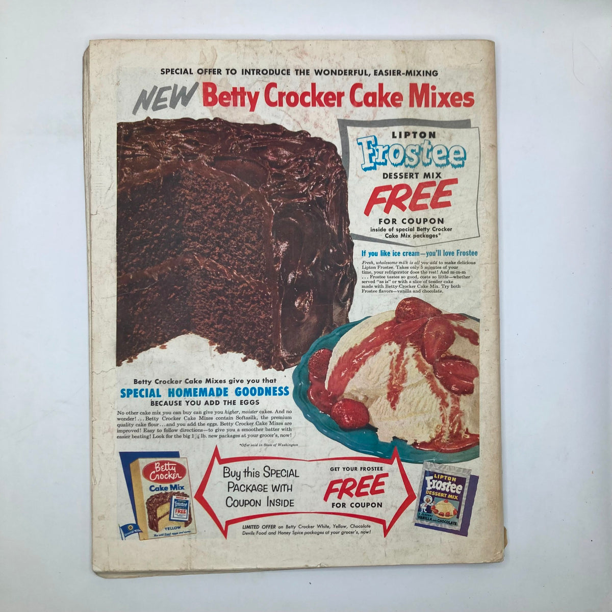 Back cover of the Saturday Evening Post Magazine dated May 23, 1953 promoting Betty Crocker Cake Mixes with an offer for Lipton Frostee dessert mix.