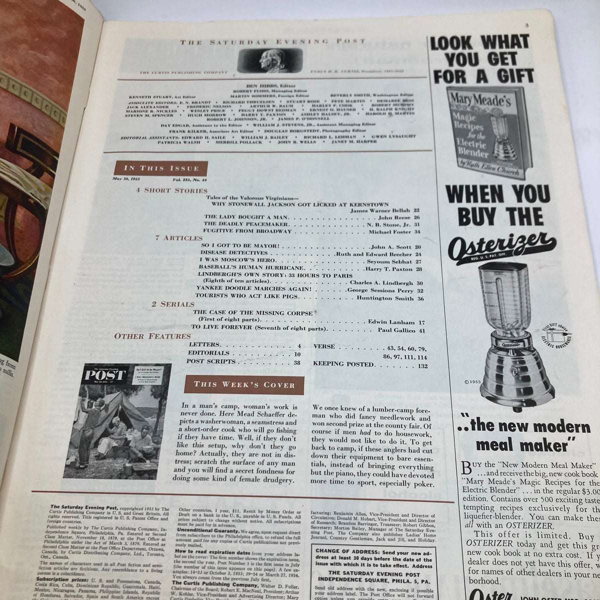 Interior page of the Saturday Evening Post Magazine from May 30, 1953, listing the contents including articles and features, and highlighting the Washerwoman cover art by Mead Schaeffer.