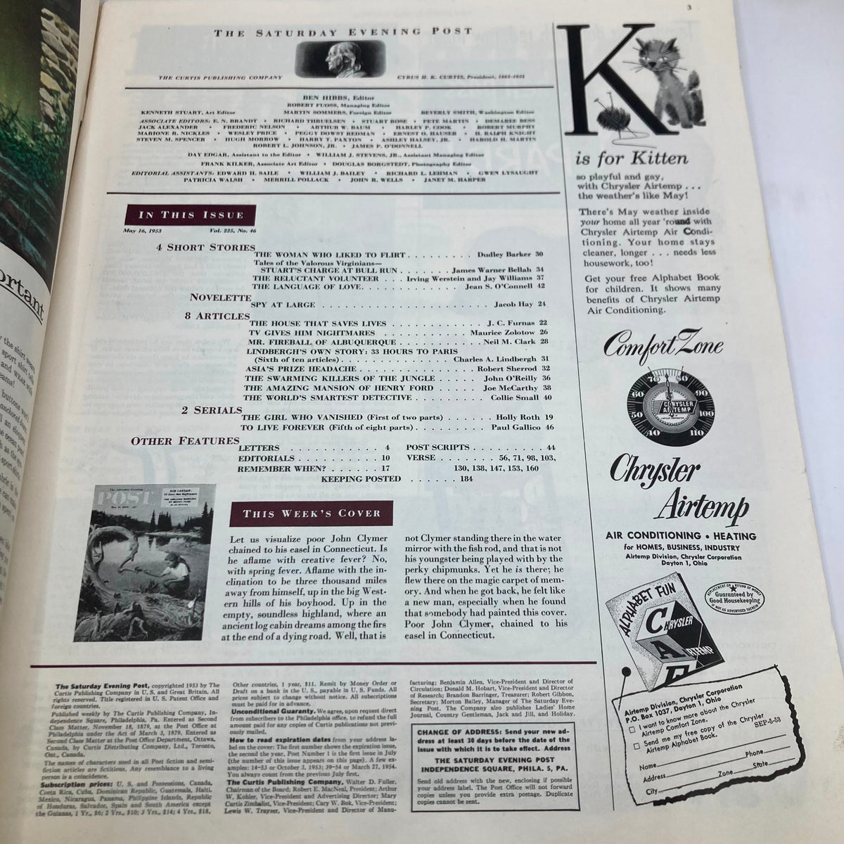Interior page from Saturday Evening Post Magazine May 16, 1953, with contents and features listed, showcasing articles and stories, reflecting the era's design aesthetics.