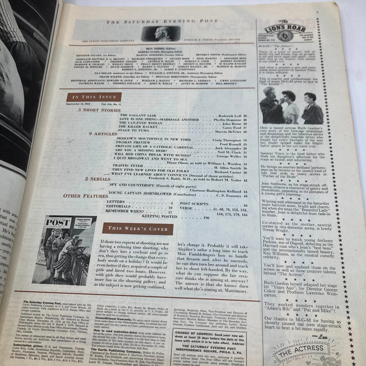 Interior page of Saturday Evening Post Magazine from September 12, 1953, showcasing articles and features included in that issue, along with a mention of the cover art 'Shooting Gallery' by Alajalov.