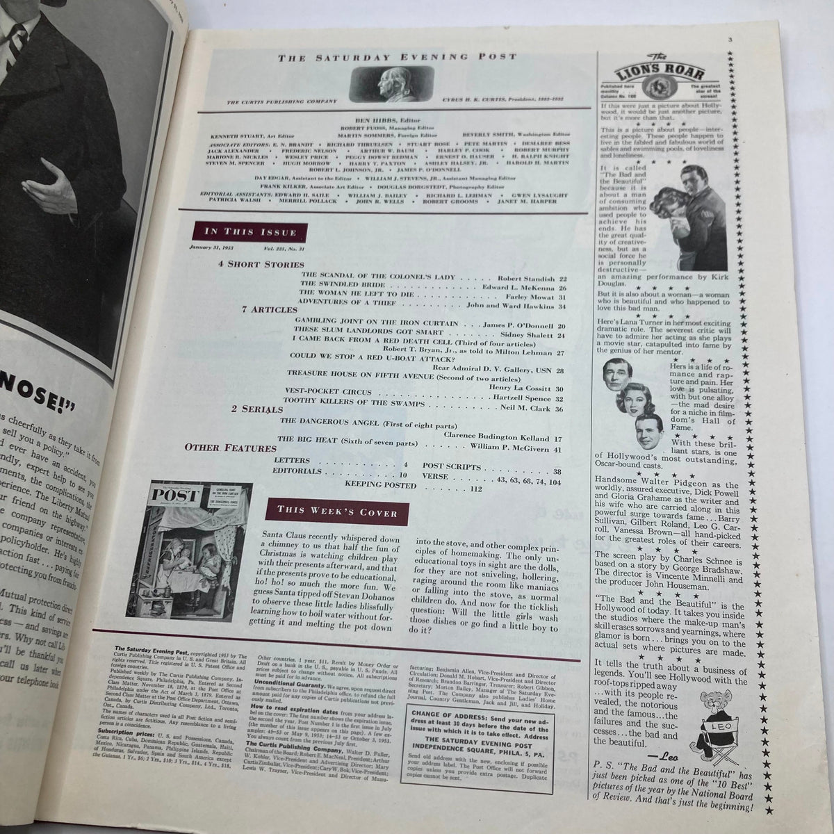 Interior page of Saturday Evening Post Magazine January 31, 1953 displaying the table of contents and features of the issue, highlighting articles including 'Gambling Joint on the Iron Curtain' and 'The Dangerous Angel'.
