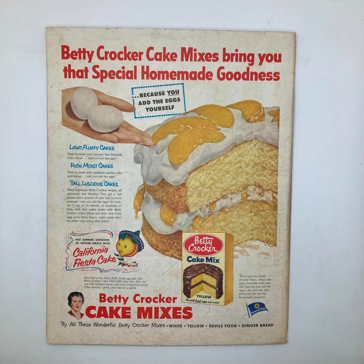 Vintage advertisement for Betty Crocker Cake Mixes from the Saturday Evening Post Magazine January 31, 1953, showcasing homemade cake options with colorful graphics and a recipe appeal.